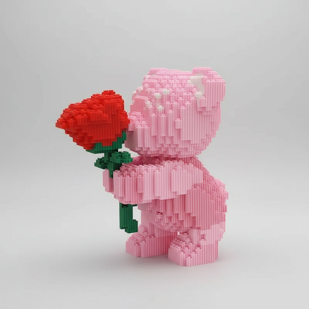 Roze beertje met roos | Bouwsteentjes