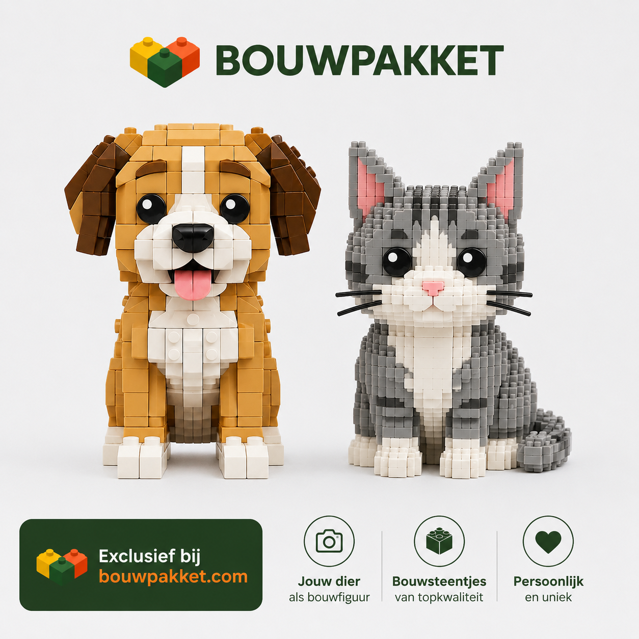 Eigen foto van jouw dier als bouwstenen figuur | 2 Figuren | Bouwsteentjes
