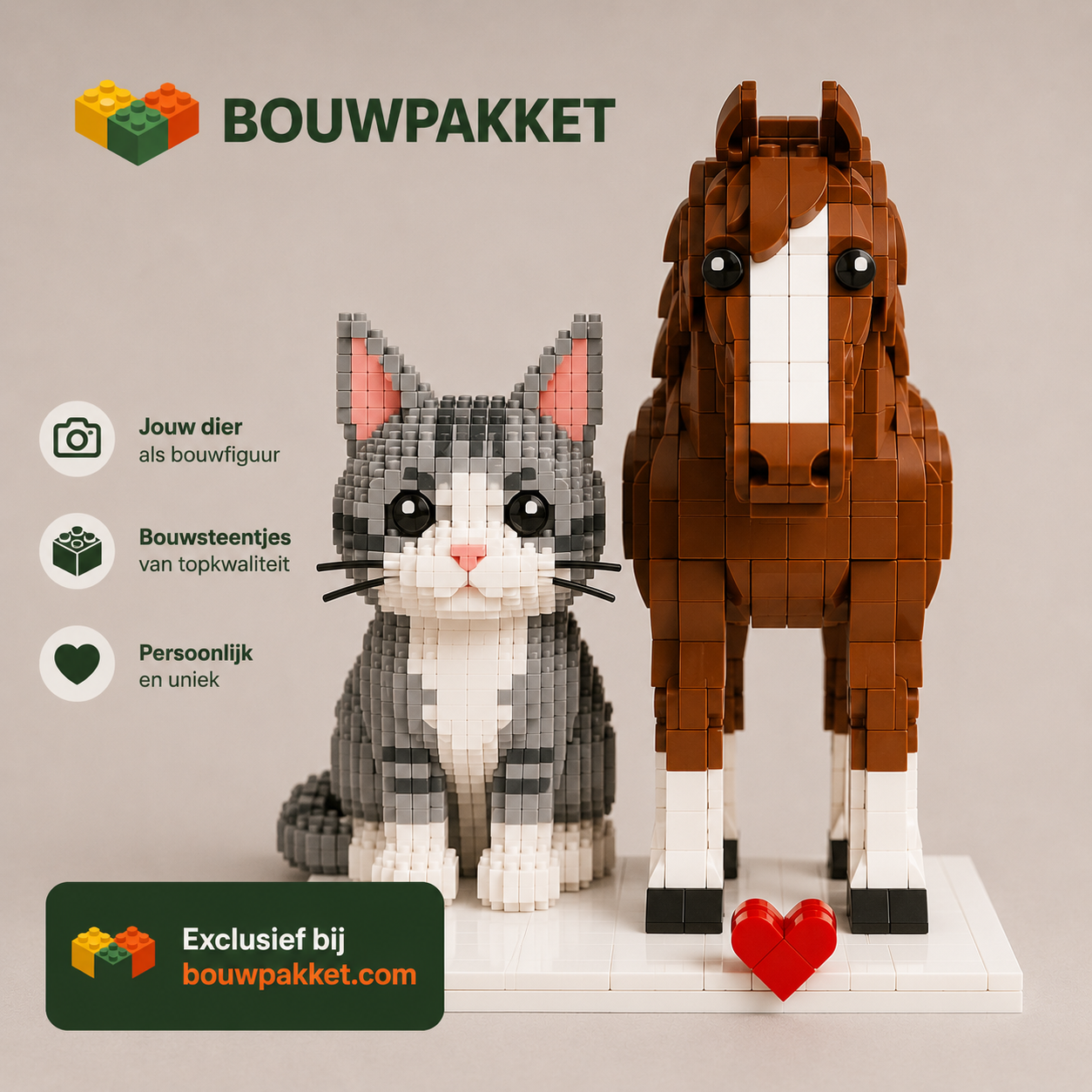Eigen foto van jouw dier als bouwstenen figuur | 2 Figuren | Bouwsteentjes
