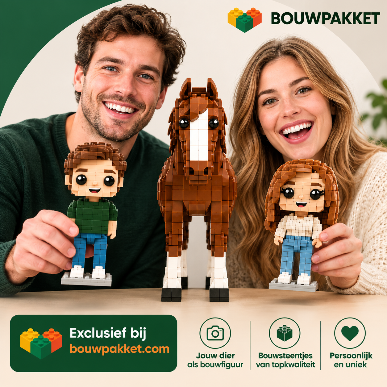 Eigen foto van jouw dier als bouwstenen figuur | 3 Figuren | Bouwsteentjes