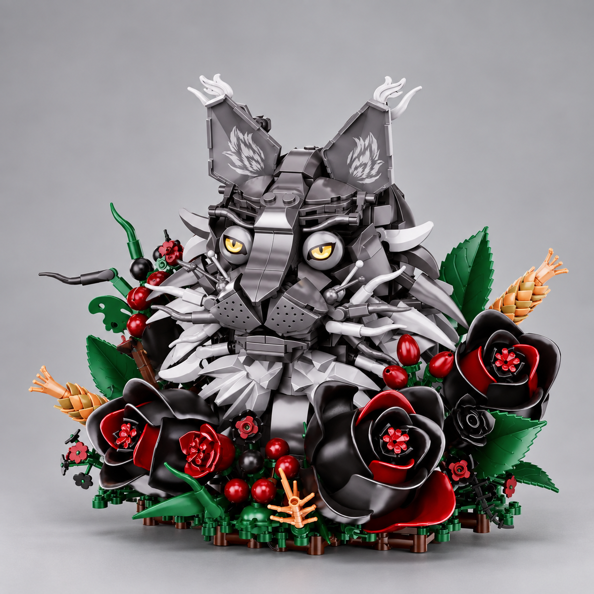 Grijze kat in bloemen | Bouwsteentjes
