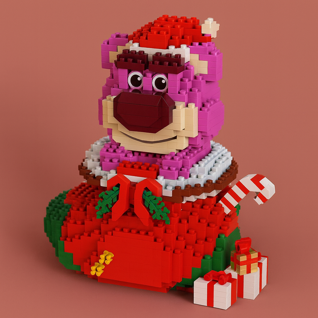 Roze beer in kerstsok | Bouwsteentjes