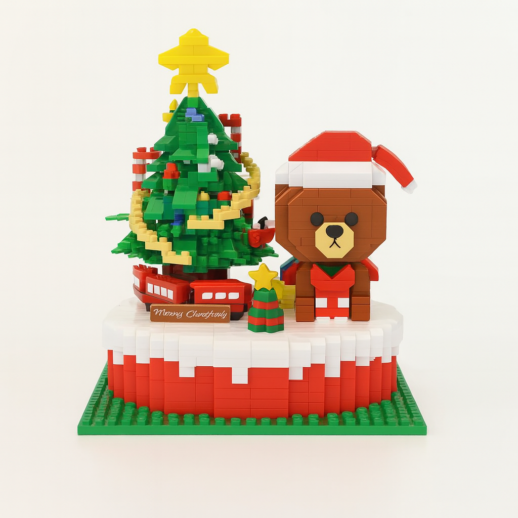 Kerstboom en beer op bouwplaat | Bouwsteentjes