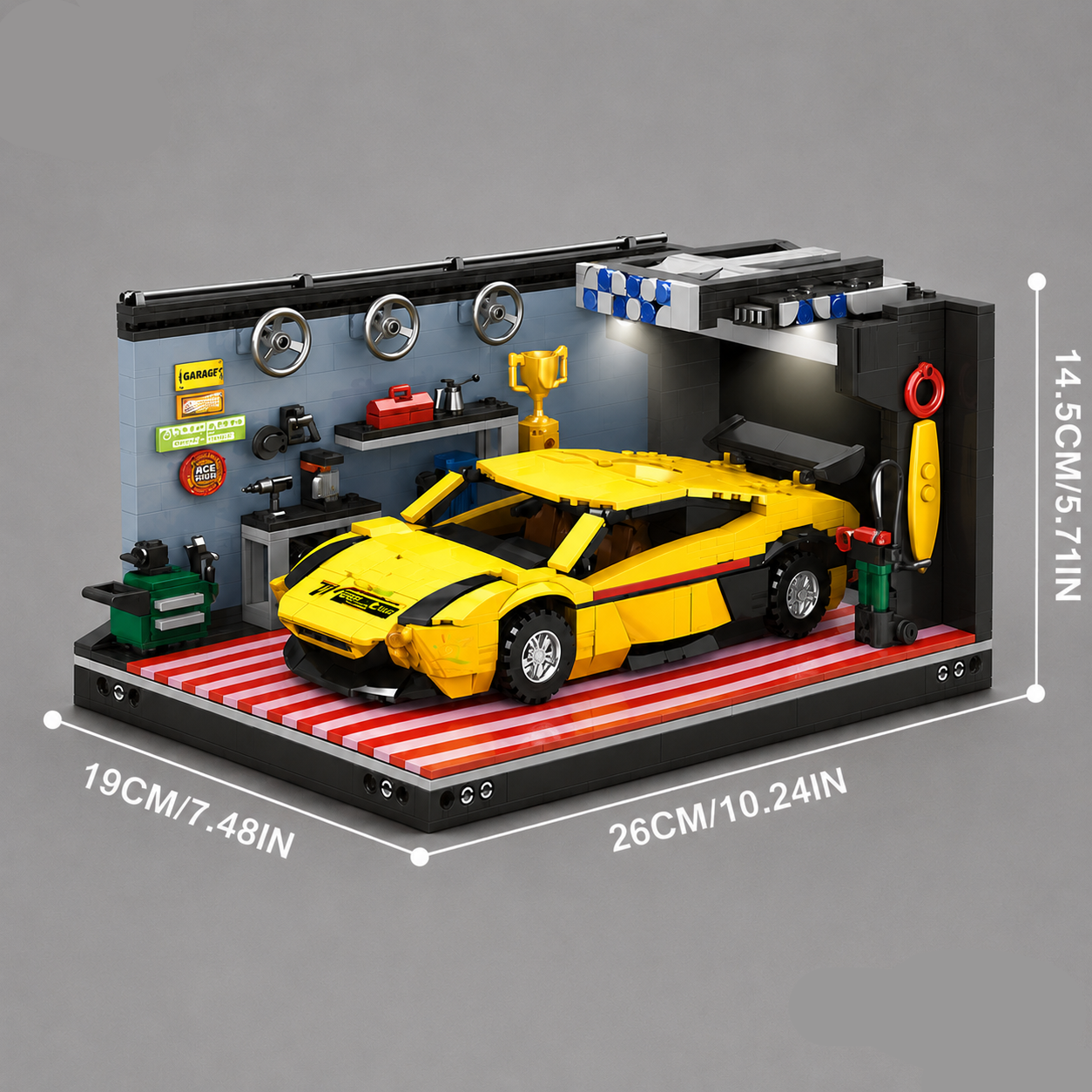 Gele auto in garage | Bouwsteentjes
