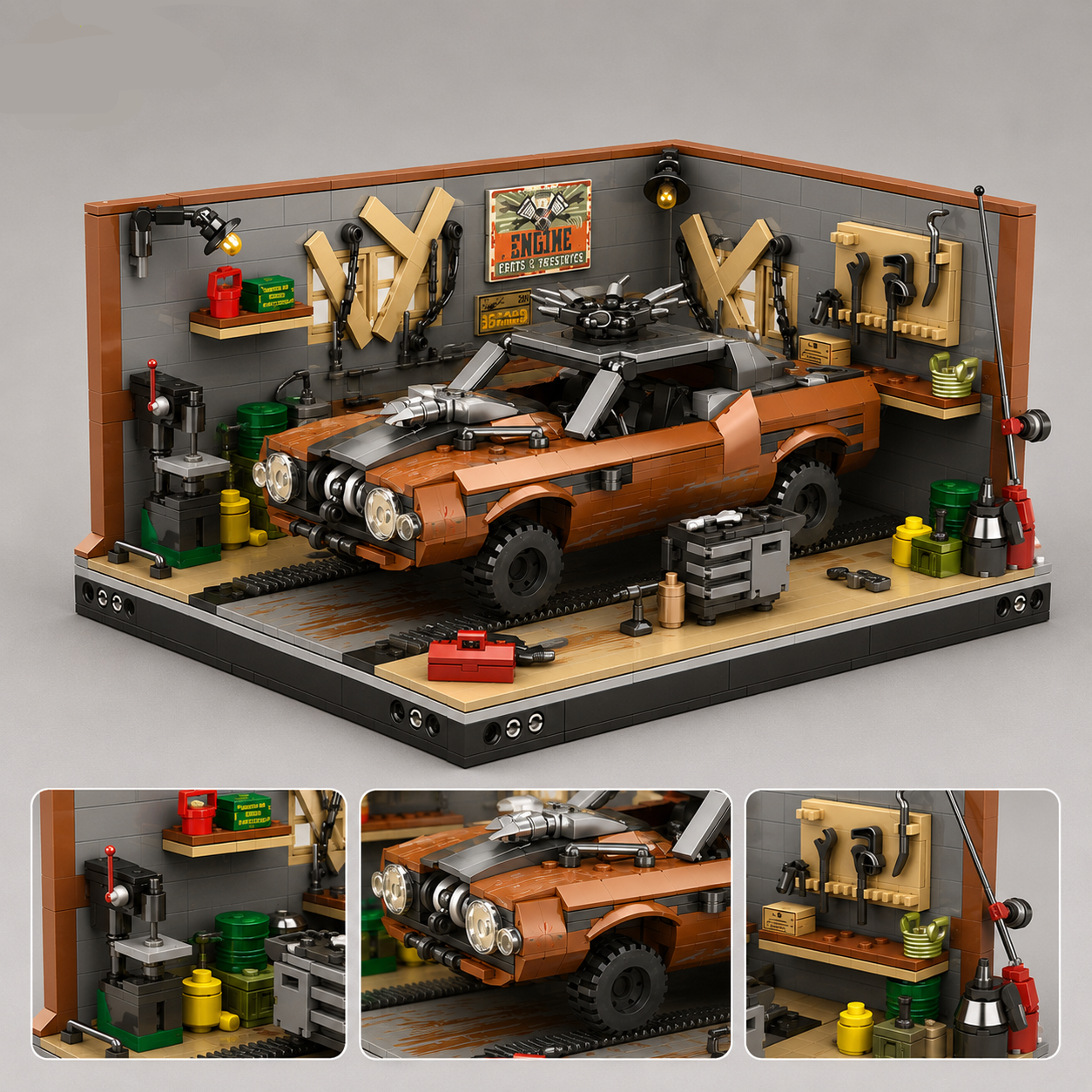 Bruine auto in garage | Bouwsteentjes