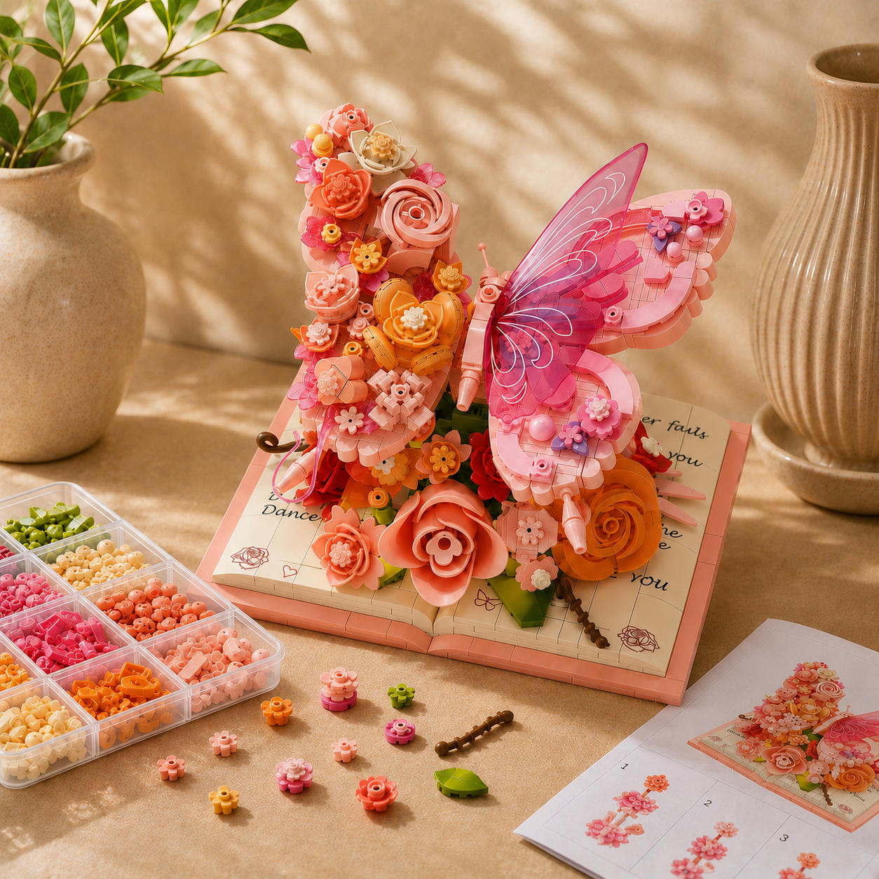 Roze Vlinder op boek | Bouwsteentjes