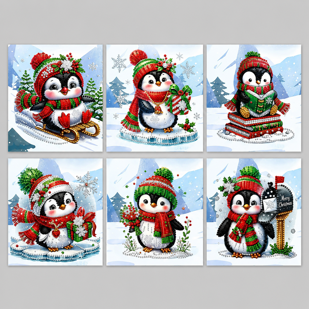 Pinguïn Kerstkaarten Set | 6 stuks | Diamond Painting