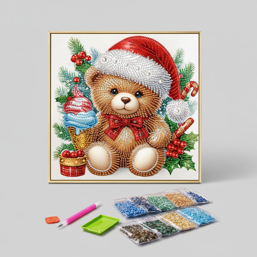 Beer met kerstmuts | Diamond painting