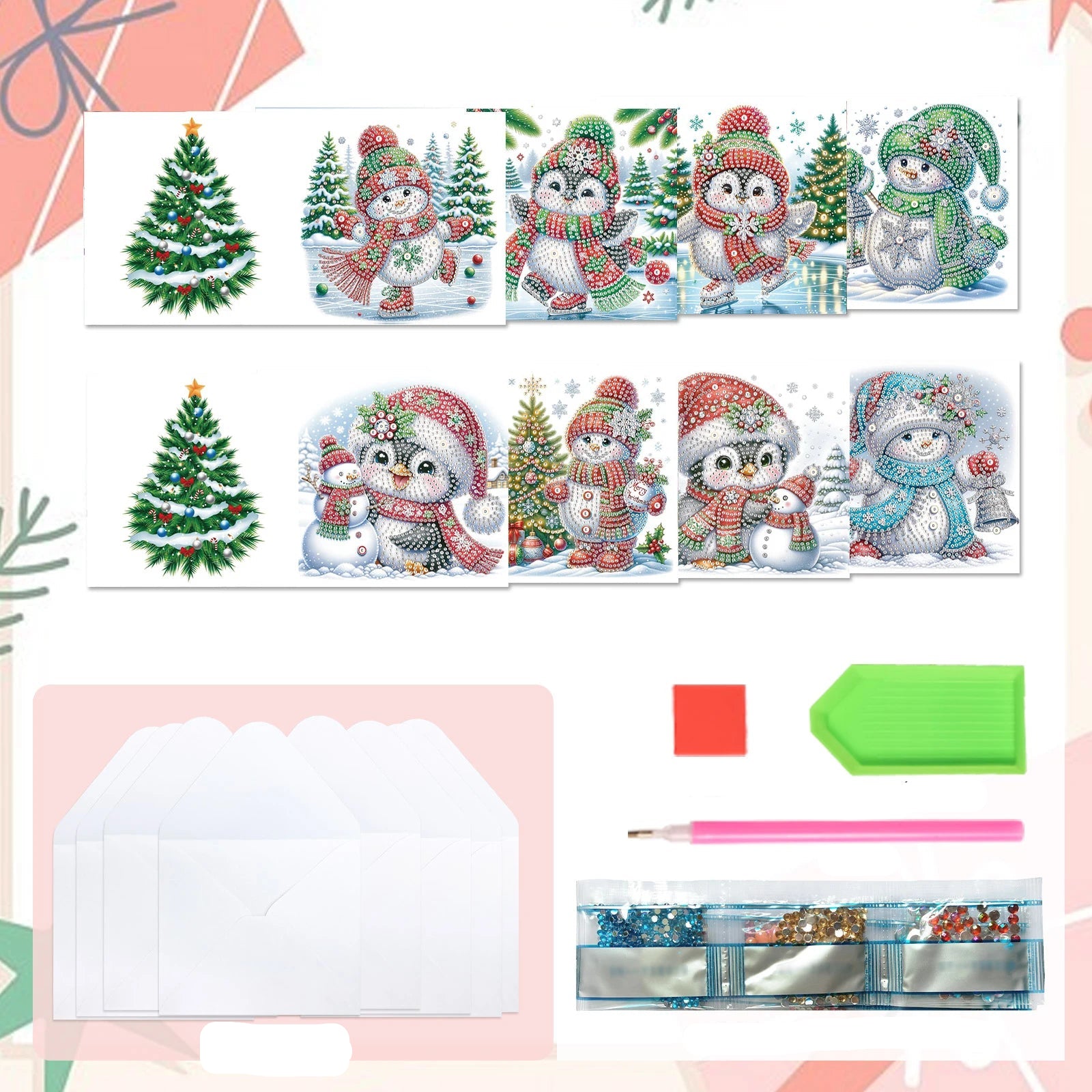 Pinguïns & Sneeuwpoppen Kerstkaarten | 8 stuks | Diamond Painting