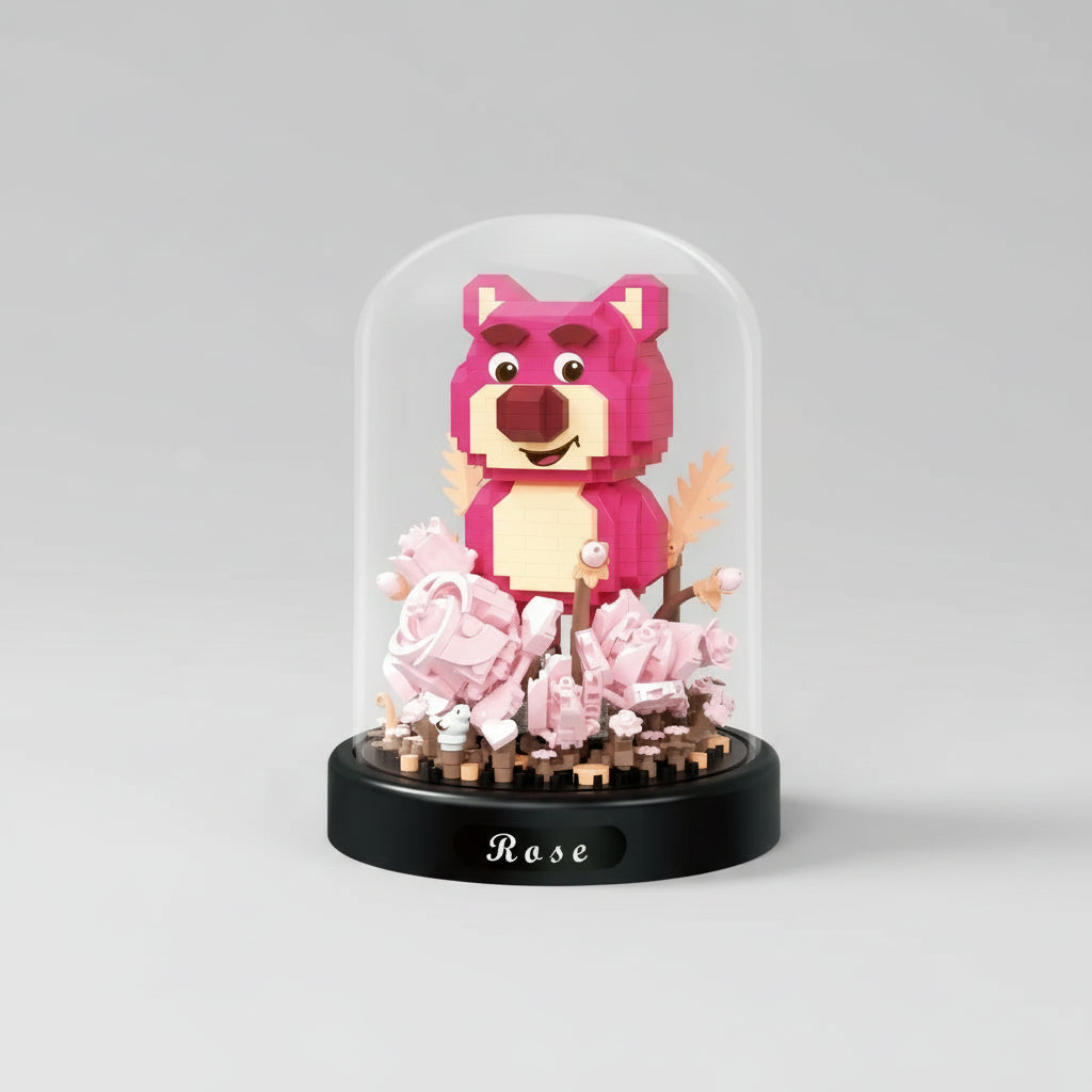 Roze beer in rozentuin | Bouwsteentjes