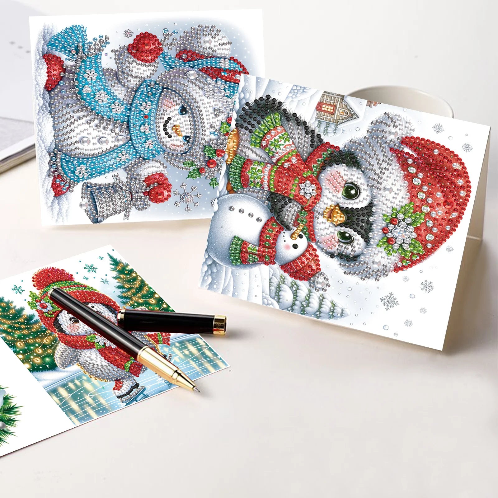 Pinguïns & Sneeuwpoppen Kerstkaarten | 8 stuks | Diamond Painting