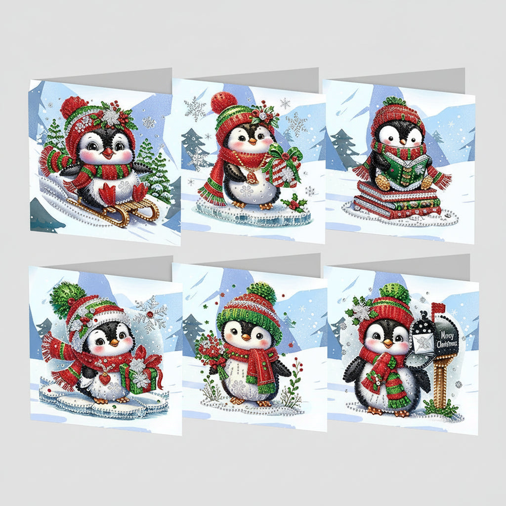 Pinguïn Kerstkaarten Set | 6 stuks | Diamond Painting