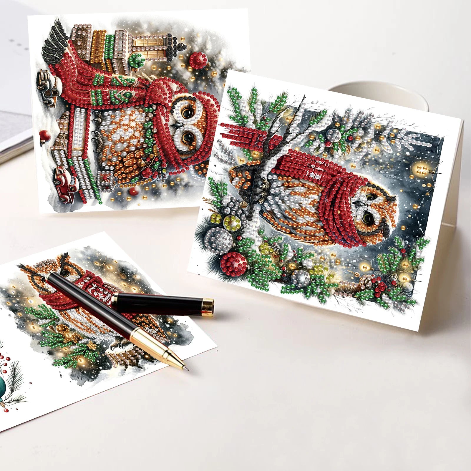 Kerst Uilen kerstkaarten | 6 stuks | Diamond Painting