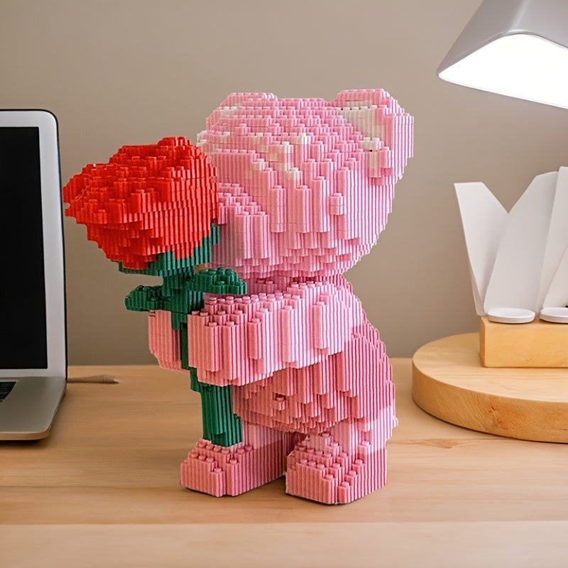 Roze beertje met roos | Bouwsteentjes