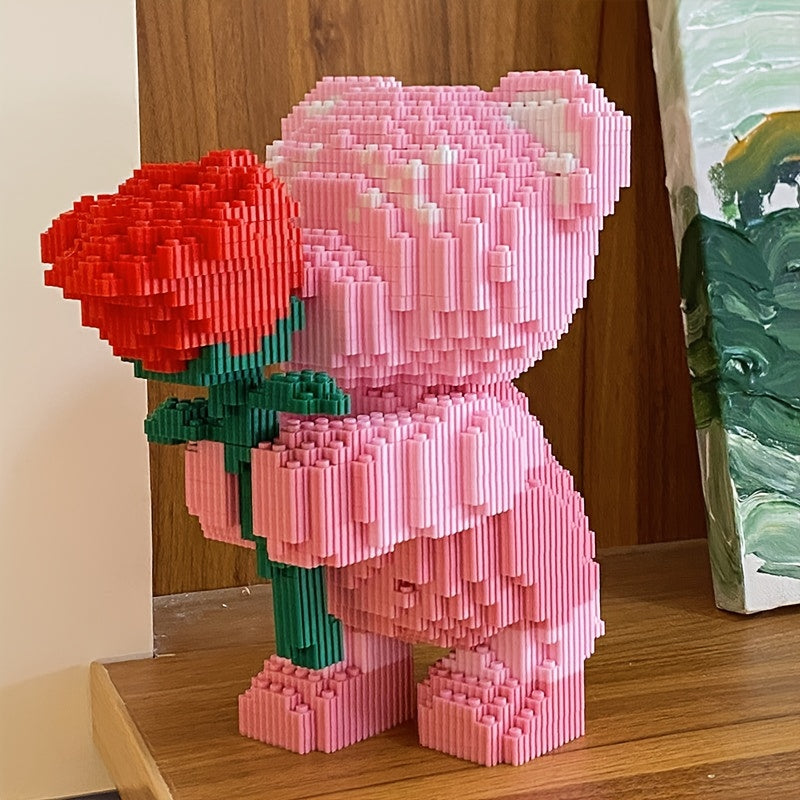 Roze beertje met roos | Bouwsteentjes