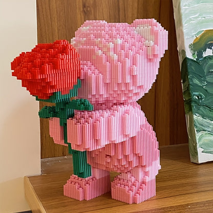Roze beertje met roos | Bouwsteentjes