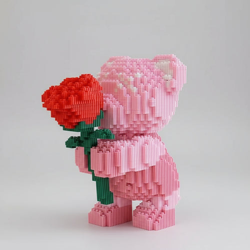 Roze beertje met roos | Bouwsteentjes