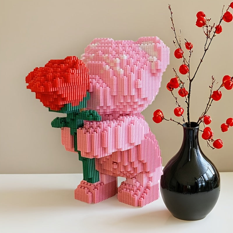 Roze beertje met roos | Bouwsteentjes