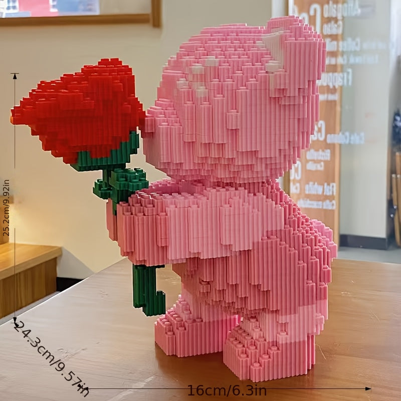 Roze beertje met roos | Bouwsteentjes