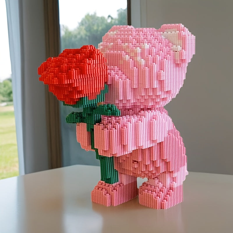 Roze beertje met roos | Bouwsteentjes