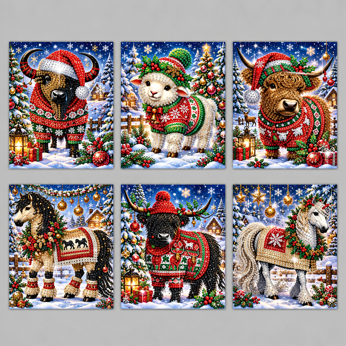 Kerst dieren kaarten | 6 stuks | Diamond Painting