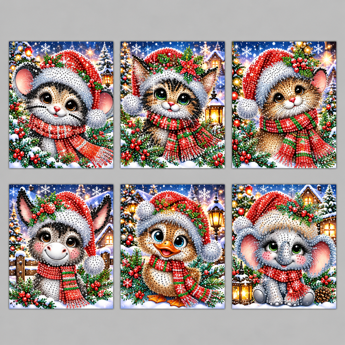 Leuke kerstdieren kaarten | 6 stuks | Diamond Painting