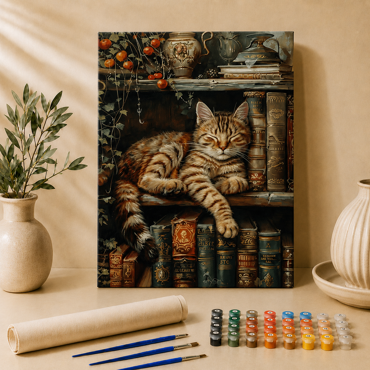 Kat in boekenkast | Schilderen op nummer