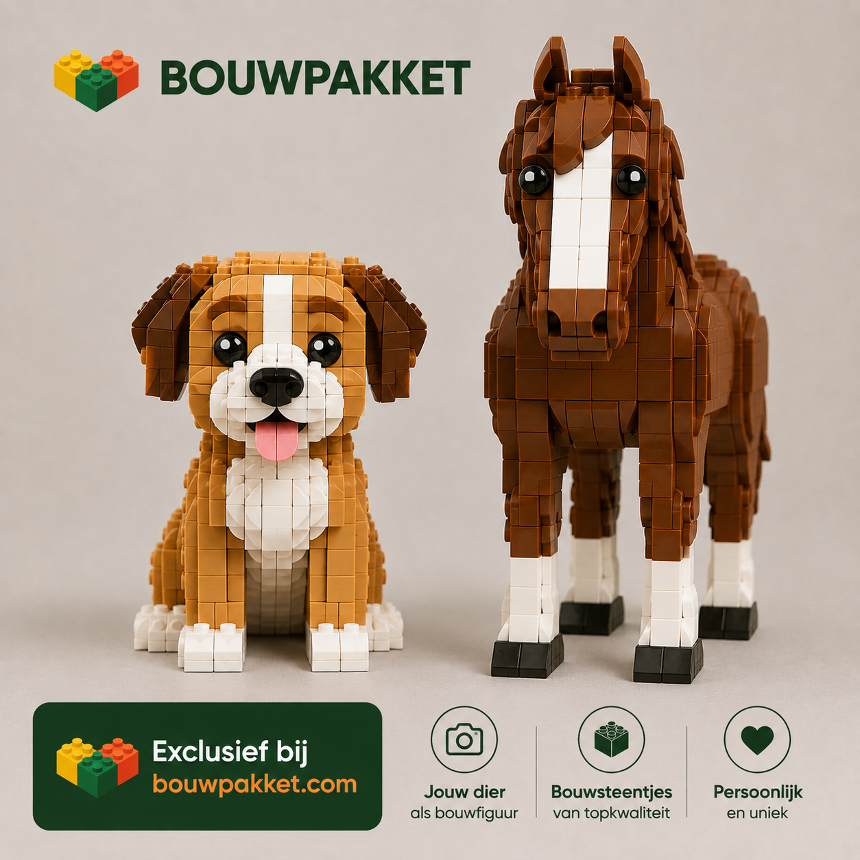 Eigen foto van jouw dier als bouwstenen figuur | 2 Figuren | Bouwsteentjes