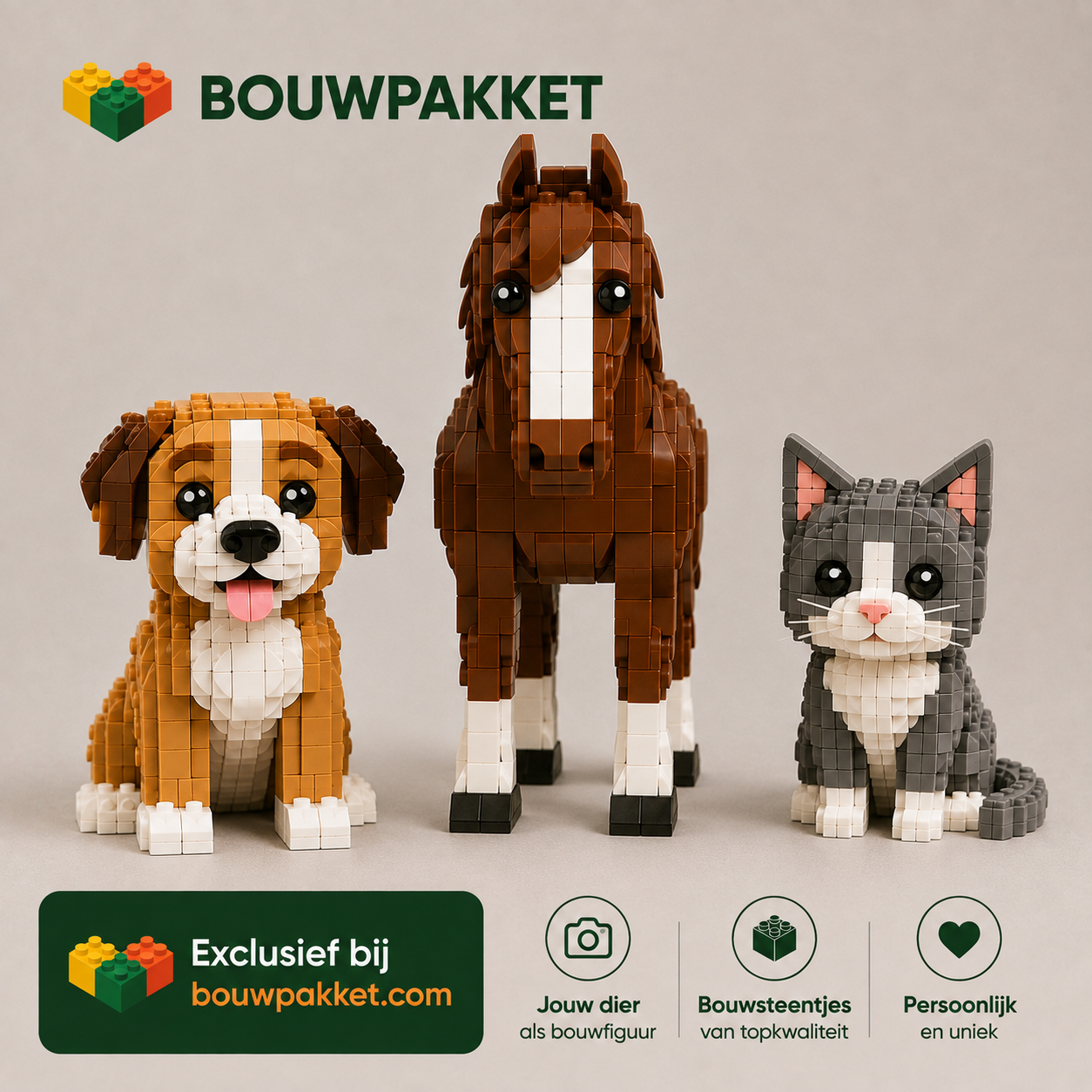Eigen foto van jouw dier als bouwstenen figuur | 3 Figuren | Bouwsteentjes
