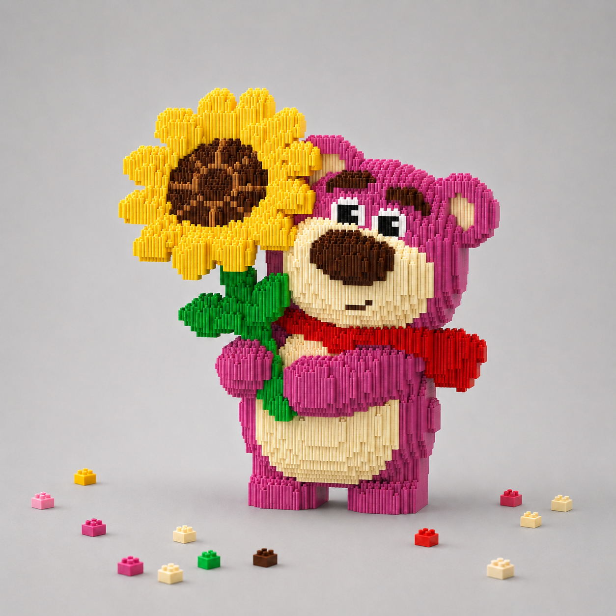 Mega Roze beer met zonnebloem | Bouwsteentjes