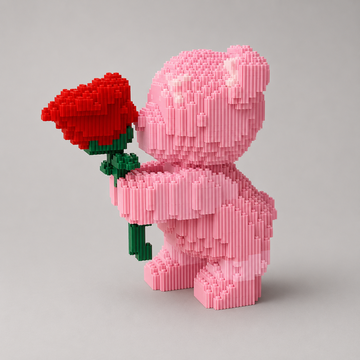 Roze beertje met roos | Bouwsteentjes