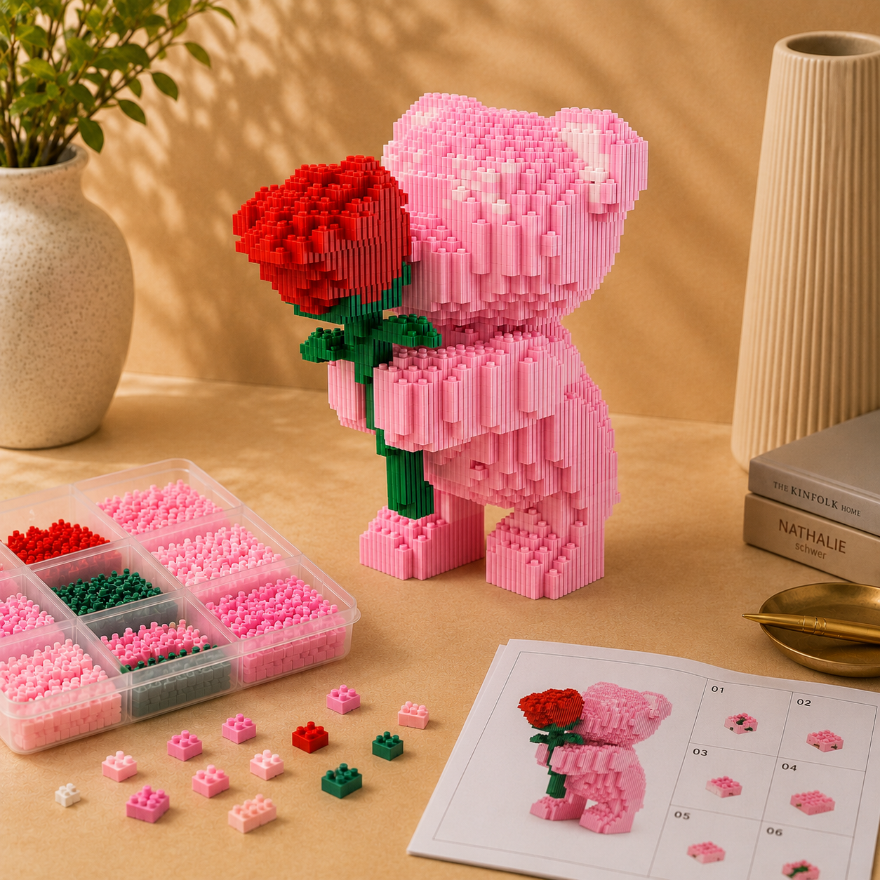 Roze beertje met roos | Bouwsteentjes