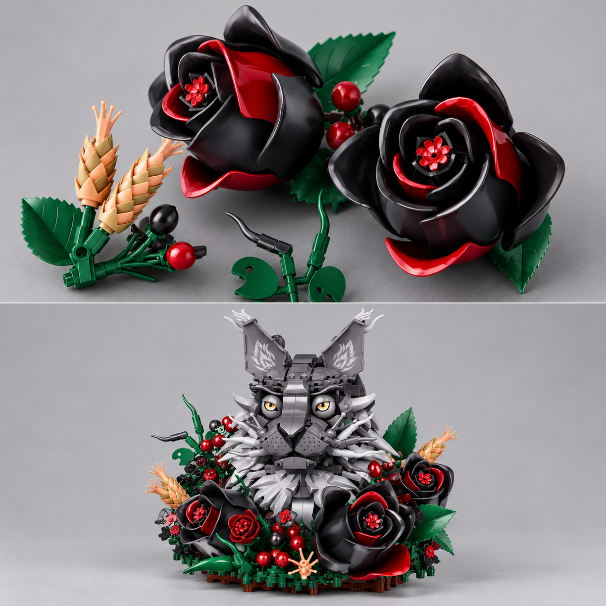 Grijze kat in bloemen | Bouwsteentjes