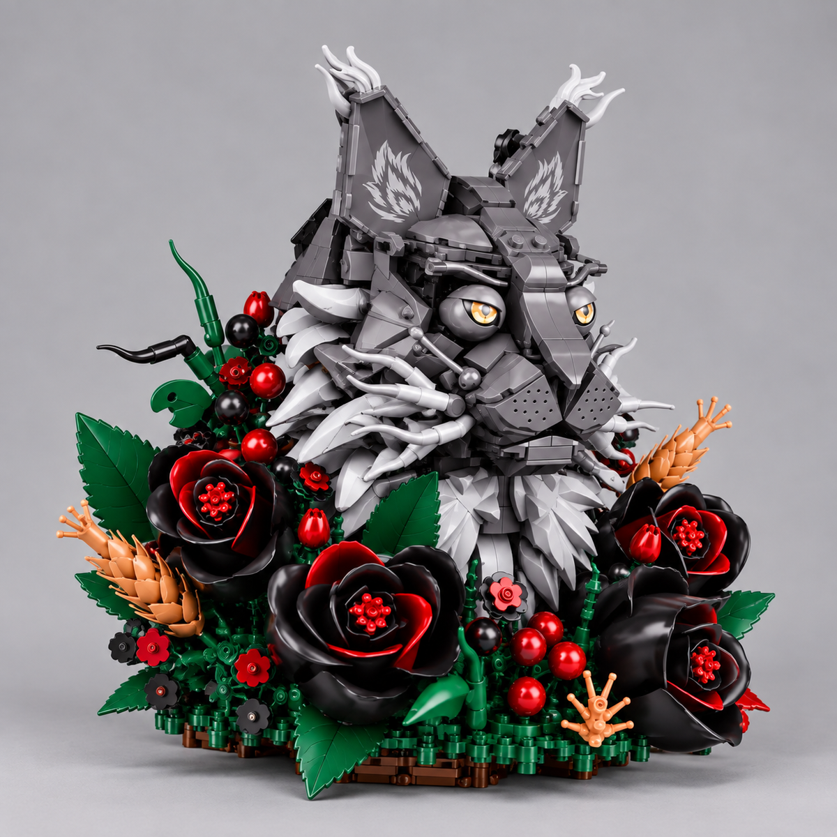 Grijze kat in bloemen | Bouwsteentjes