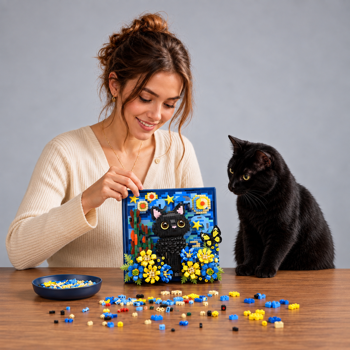 Kat op 3D schilderij | Bouwsteentjes