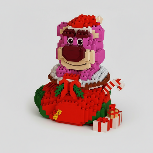 Roze beer in kerstsok | Bouwsteentjes