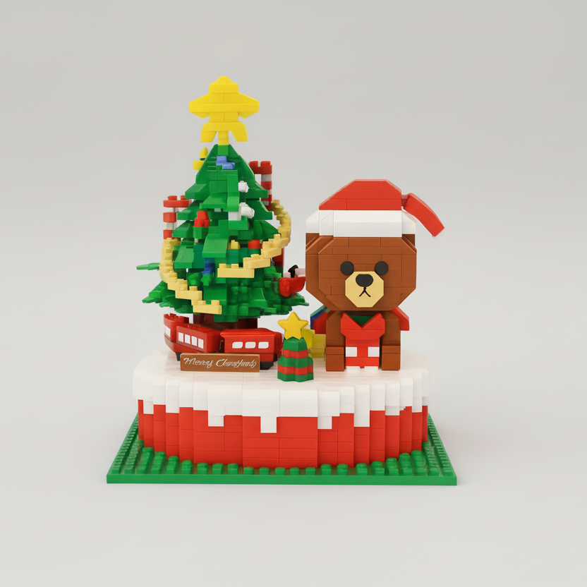 Kerstboom en beer op bouwplaat | Bouwsteentjes