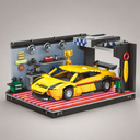 Gele auto in garage | Bouwsteentjes