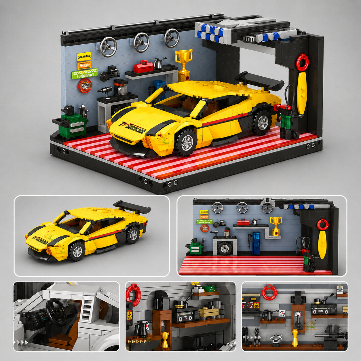 Gele auto in garage | Bouwsteentjes