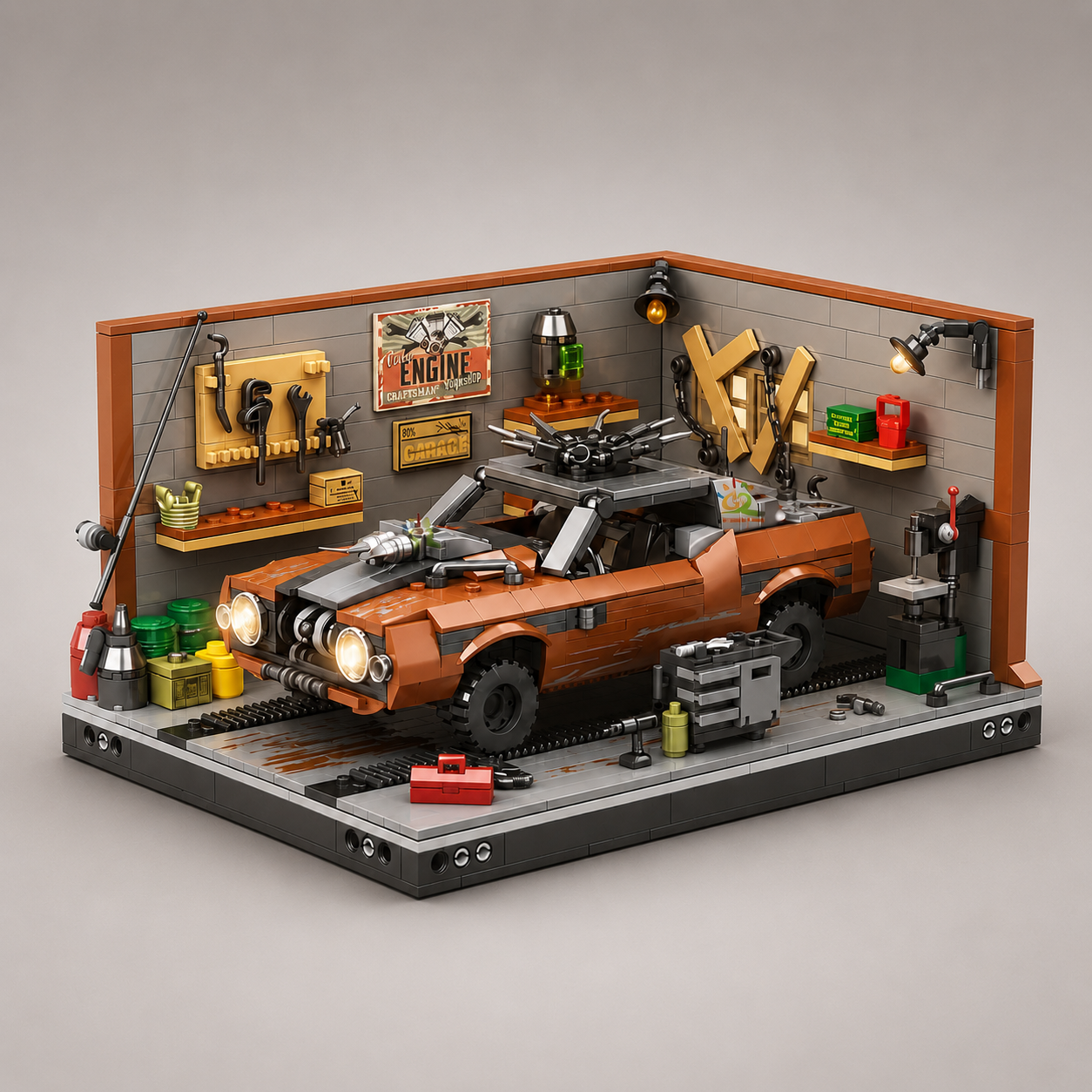 Bruine auto in garage | Bouwsteentjes
