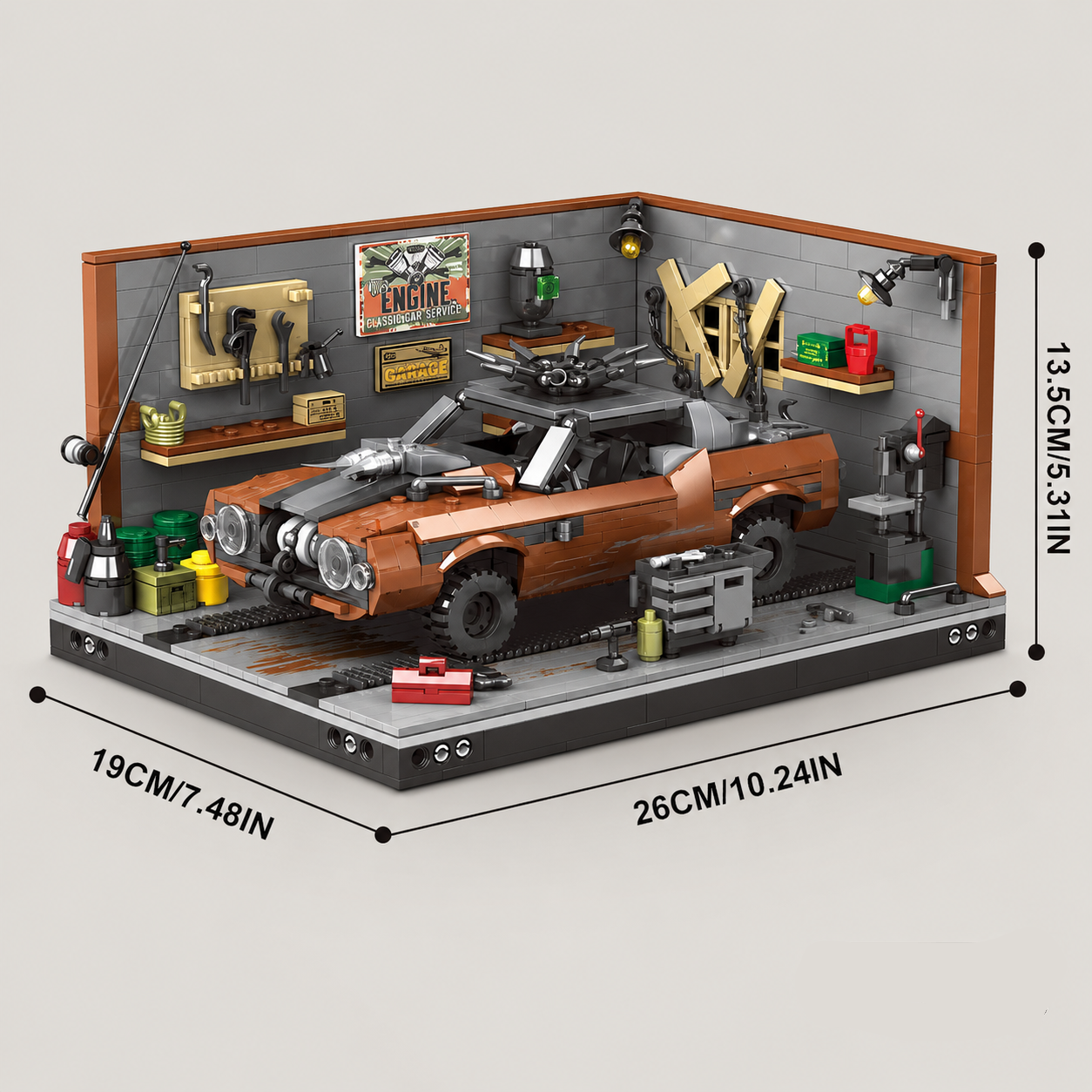 Bruine auto in garage | Bouwsteentjes