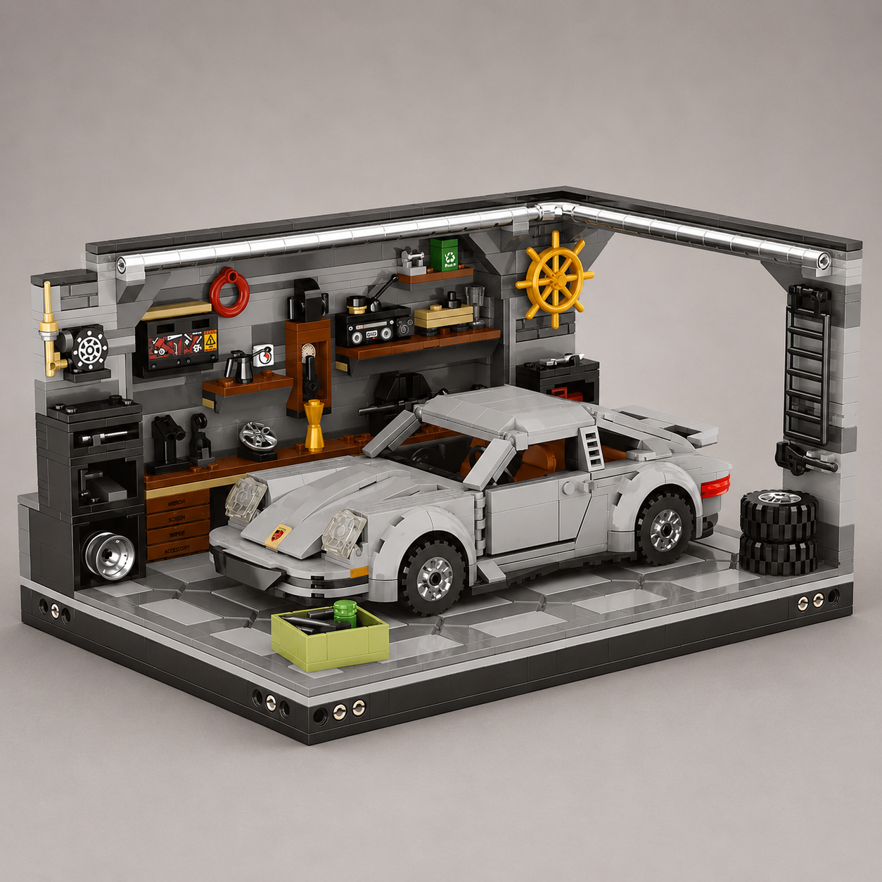 Grijze auto in garage | Bouwsteentjes