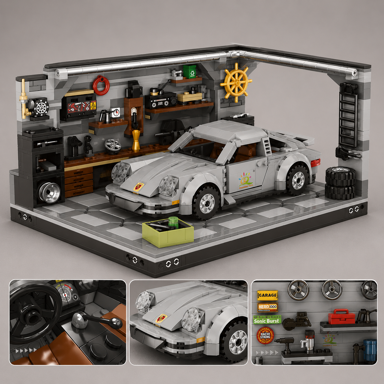 Grijze auto in garage | Bouwsteentjes