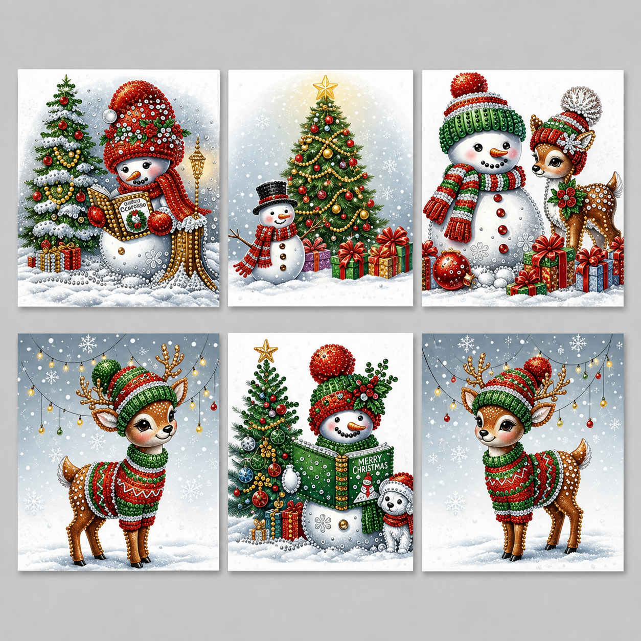 Rendieren & Sneeuwpret Kerstkaarten | 6 stuks | Diamond Painting