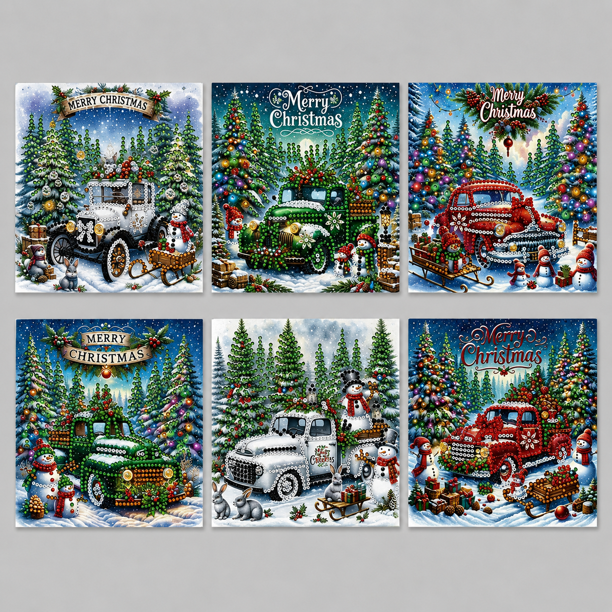 Kerstkaarten Set met Vintage Auto’s | 6 stuks | Diamond Painting