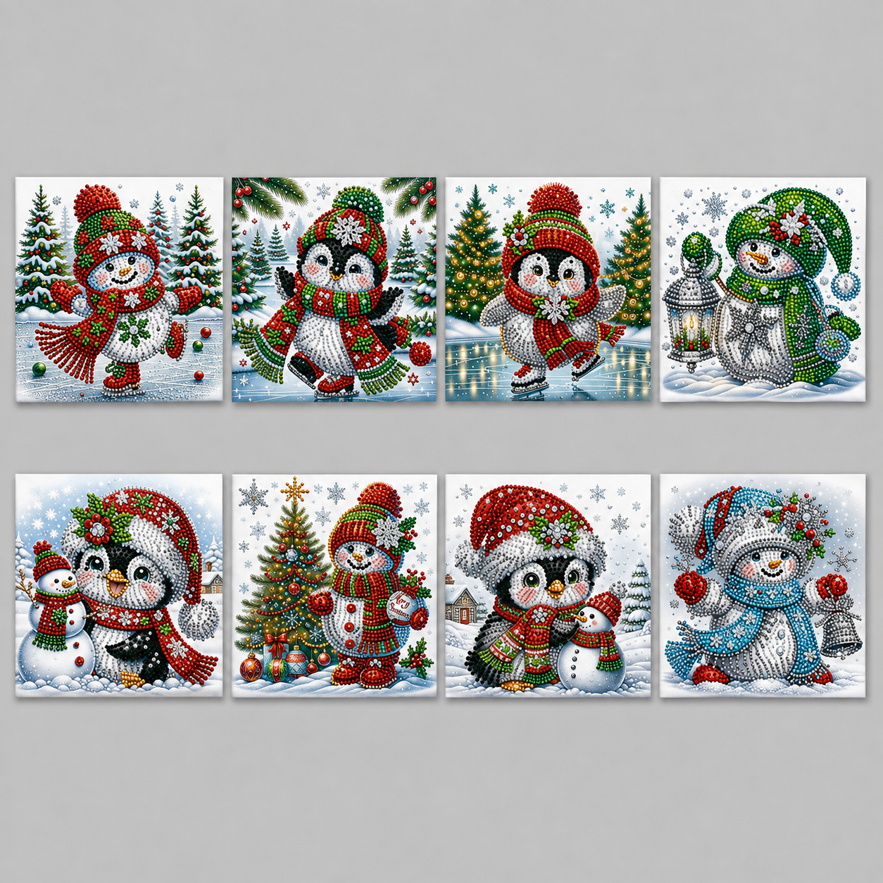 Pinguïns & Sneeuwpoppen Kerstkaarten | 8 stuks | Diamond Painting