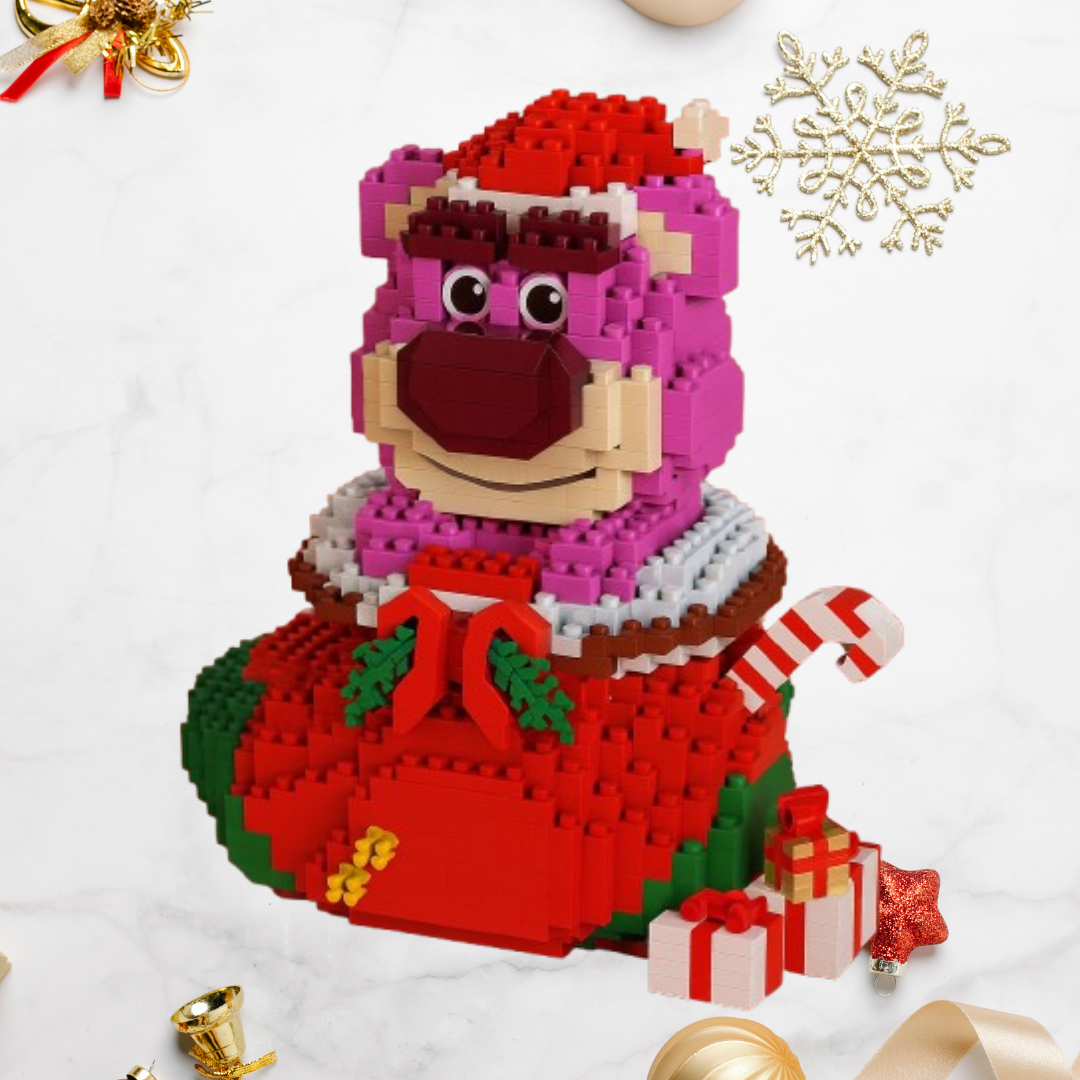 Roze beer in kerstsok | Bouwsteentjes