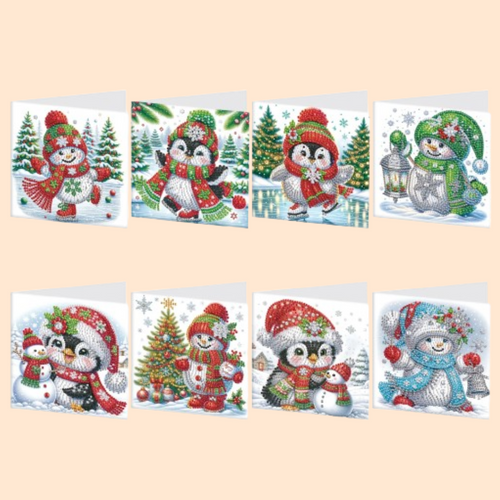 Pinguïns & Sneeuwpoppen Kerstkaarten | 8 stuks | Diamond Painting