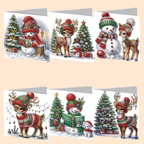 Rendieren & Sneeuwpret Kerstkaarten | 6 stuks | Diamond Painting