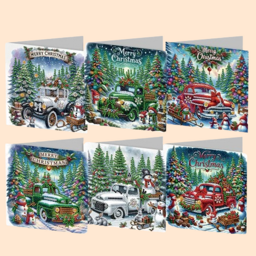 Kerstkaarten Set met Vintage Auto’s | 6 stuks | Diamond Painting